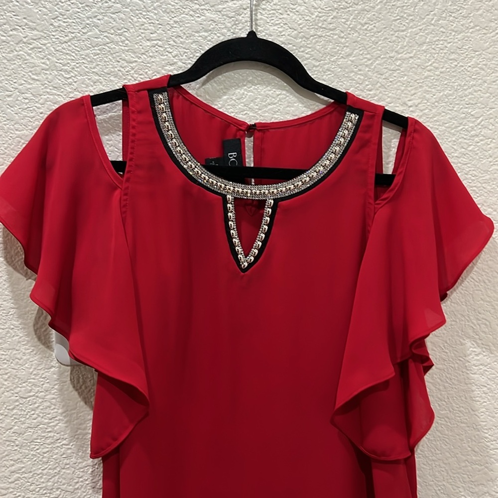 BCX Red Cold-Shoulder Short Sleeve Top, Gold Beads & Rhinestones Lined in Black